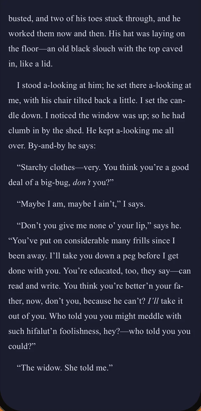The reader, showing a page of Adventures of Huckleberry Finn as light serif text on a dark page.